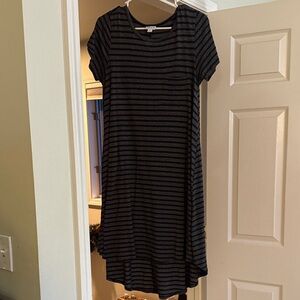 LuLaRoe Carly Black and Gray Striped Midi Dress